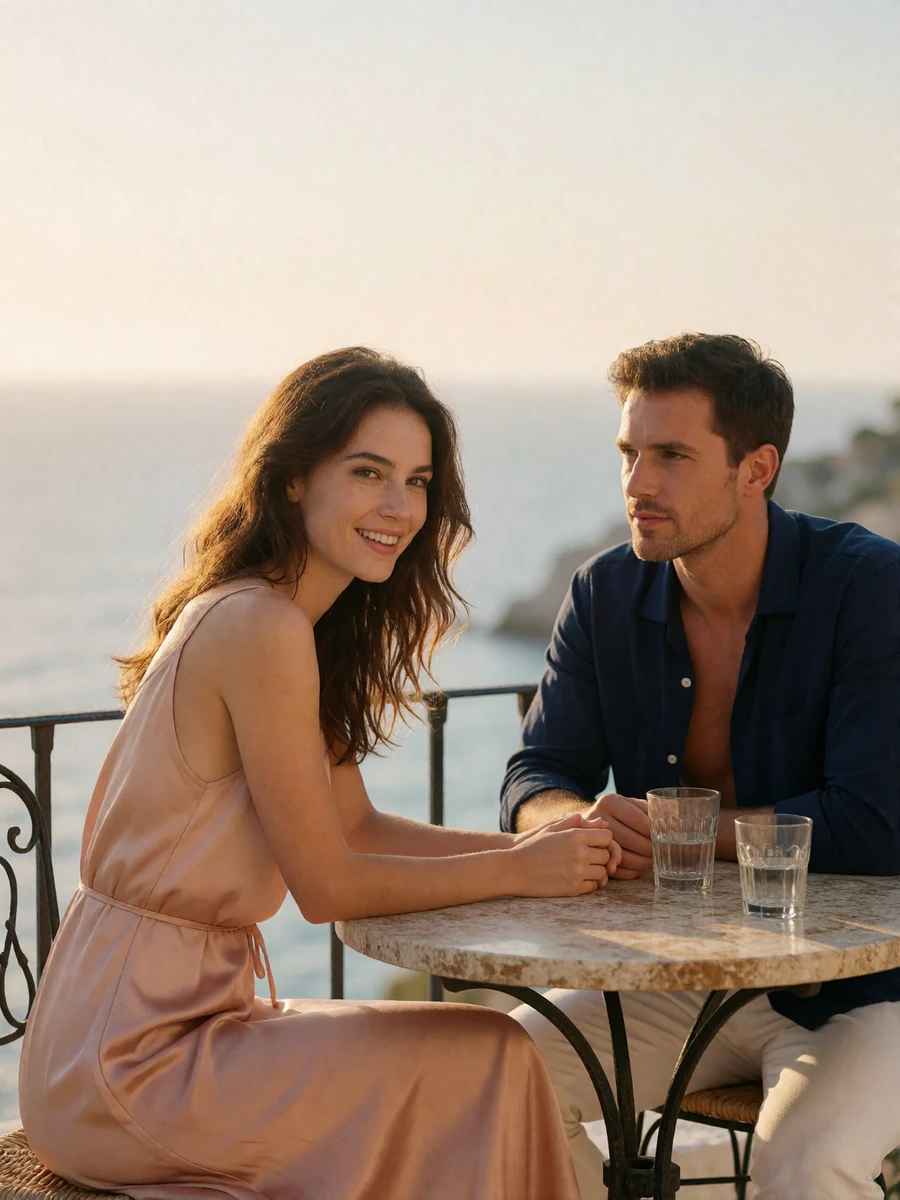 Couple in easy conversation at a small terrace table overlooking the sea at golden hour