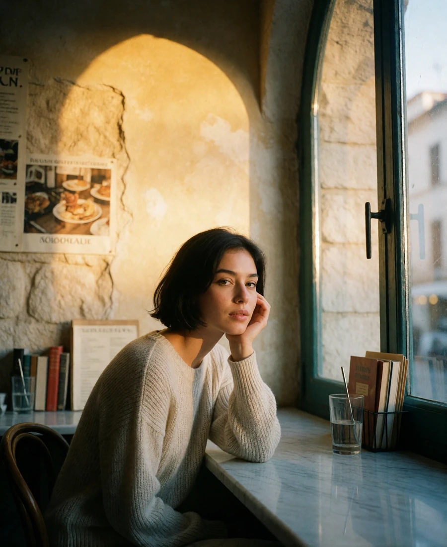 Woman with a dark bob sitting at a marble café table beside an arched window in Boston