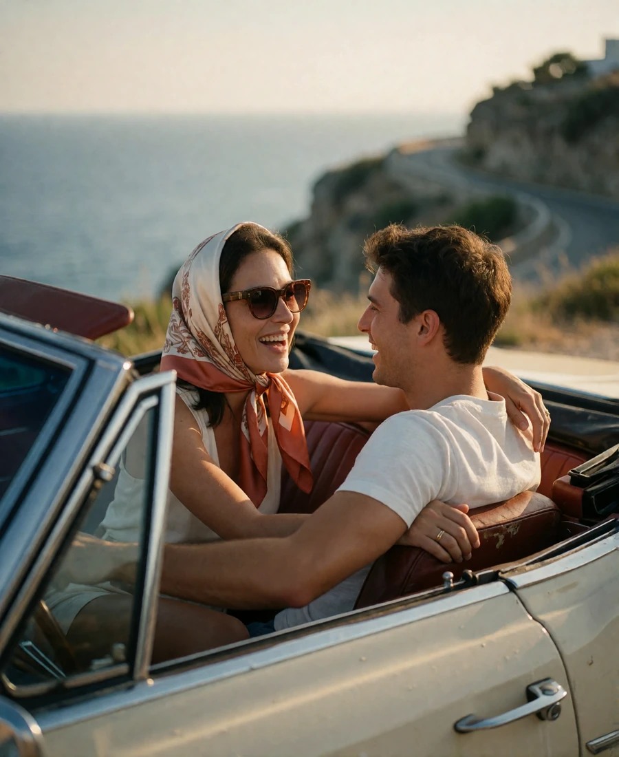 Couple laughing together in an open convertible parked at a coastal overlook at golden hour