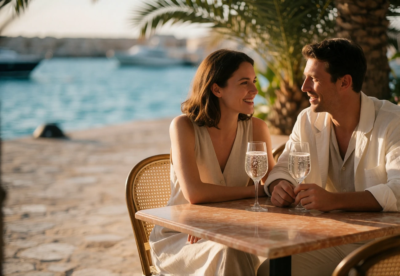 Couple smiling at each other over a marble table at a shaded waterfront restaurant terrace, part of a Miami sugar dating success story