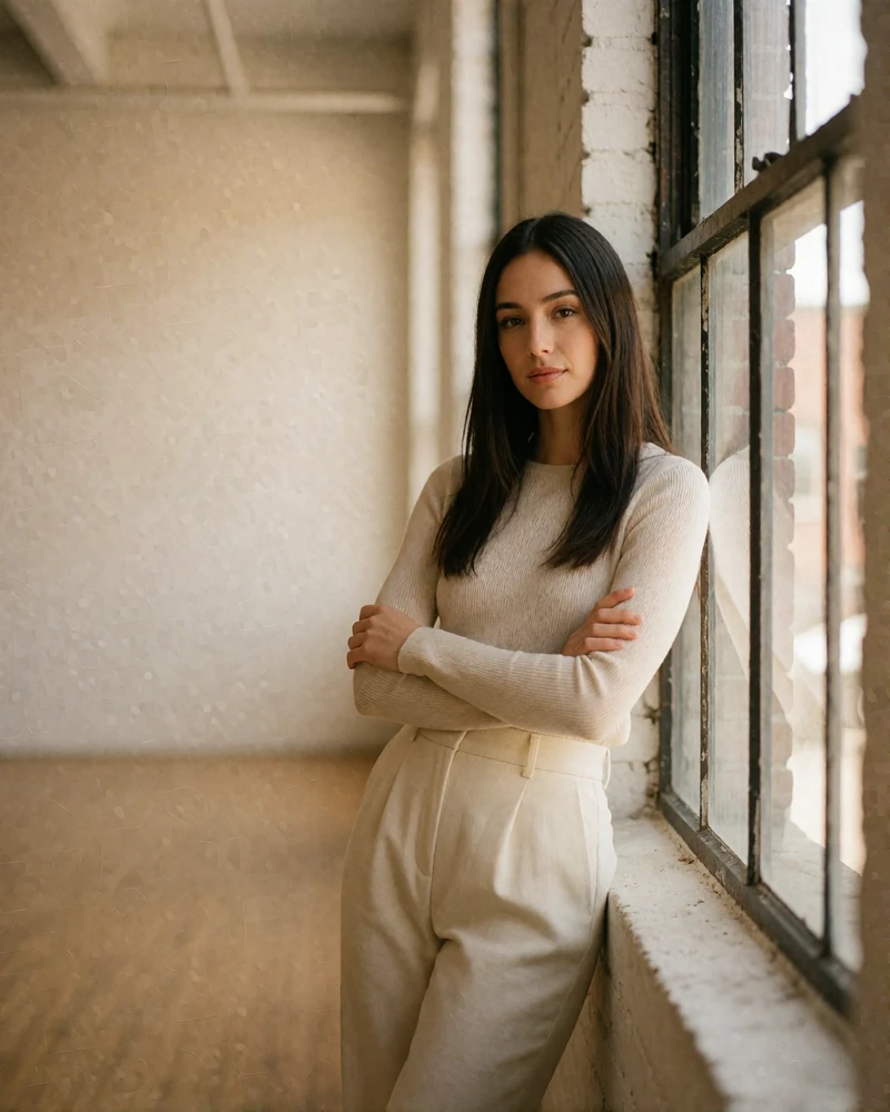 Woman in tailored cream trousers leaning against a tall window in a bright Arts District loft