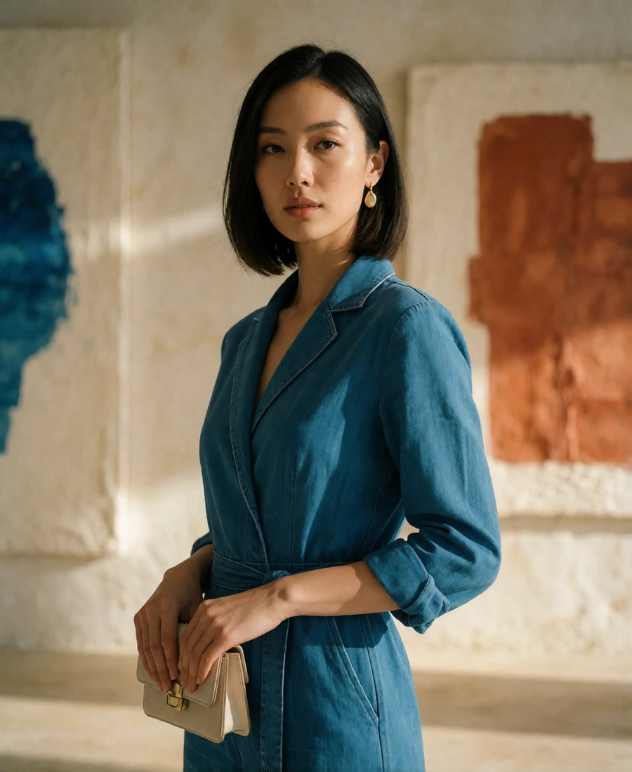 Woman in an ocean-azure jumpsuit standing in a contemporary art gallery