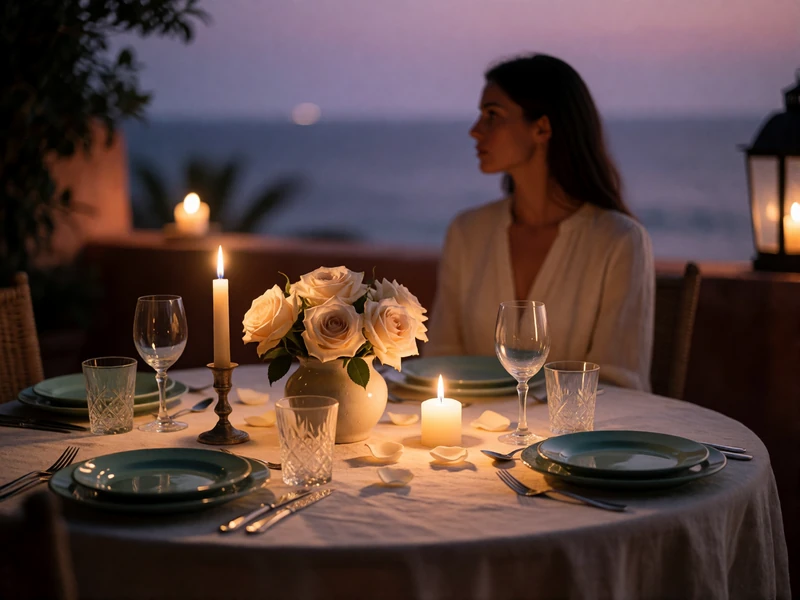 Round dining table set for two with candles and cream roses on a coastal terrace at dusk