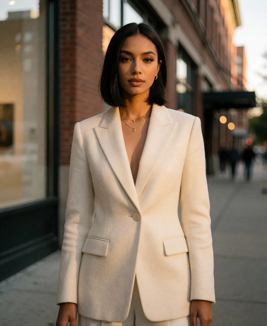 Woman in a tailored ivory blazer on a River North sidewalk in Chicago at golden hour