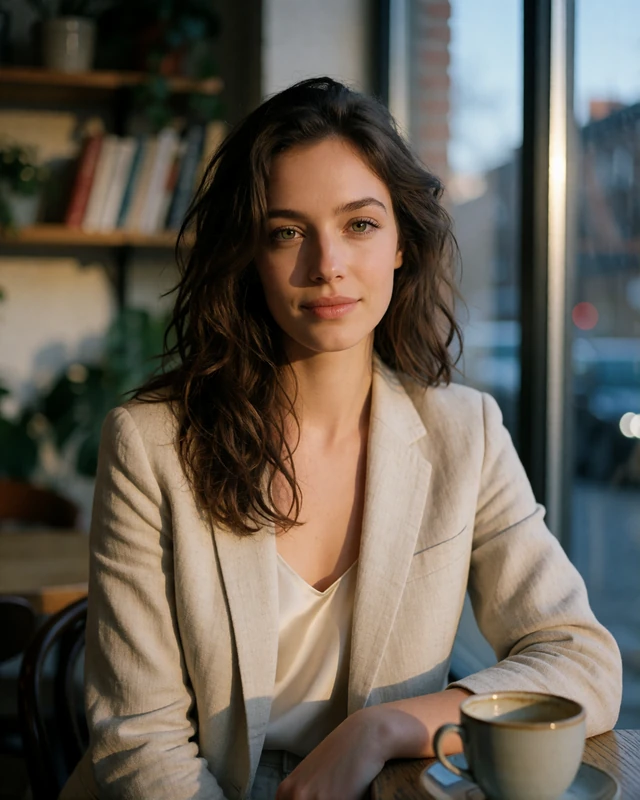 Brunette woman in an oatmeal linen blazer seated at a Portland café window table with a ceramic cup