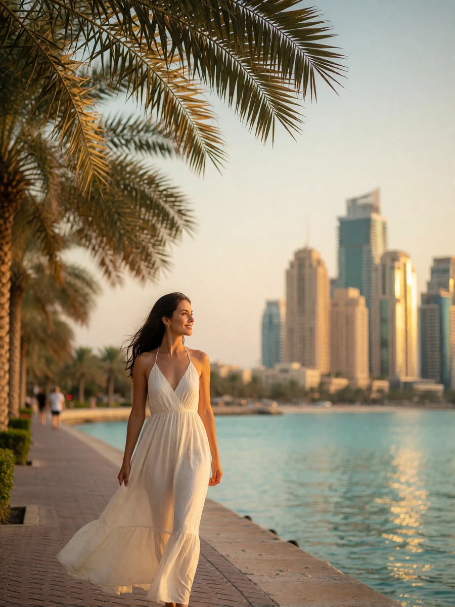 Woman in a white summer dress walking a palm-lined Miami waterfront with the skyline in soft focus behind her