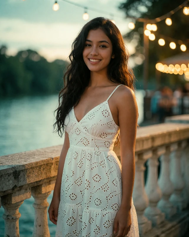 Latina woman in a white eyelet sundress beside a San Antonio River Walk balustrade at dusk
