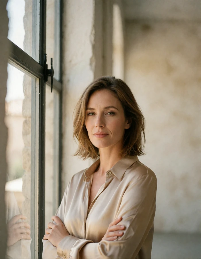 Woman in a champagne silk blouse standing beside a tall loft window in soft daylight