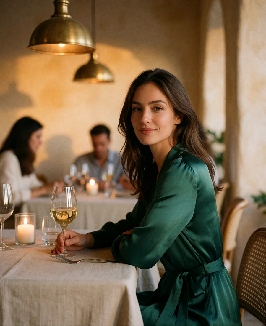 Elegant woman in an emerald silk dress seated at a candlelit table in an upscale Mediterranean restaurant