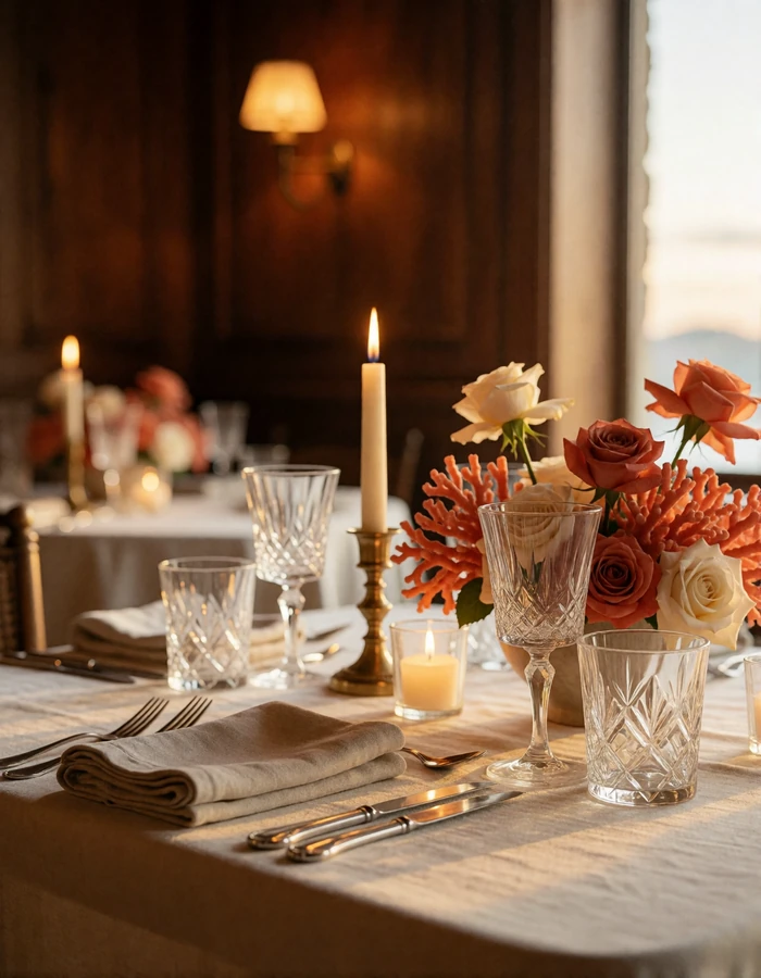 Candlelit dinner table for two set with crystal glassware and coral roses in an upscale restaurant