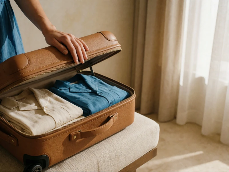 Open tan leather suitcase with neatly folded clothes on a sunlit hotel bench