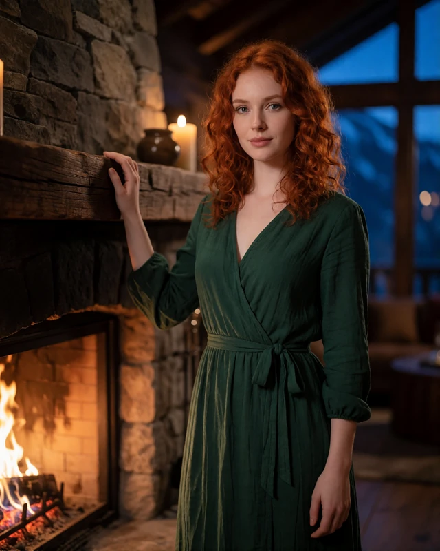 Red-haired woman in a forest-green wrap dress standing beside a stone fireplace in a Denver mountain-chic lounge
