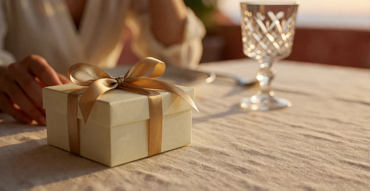 Small cream gift box tied with a gold ribbon resting on a linen-covered restaurant table