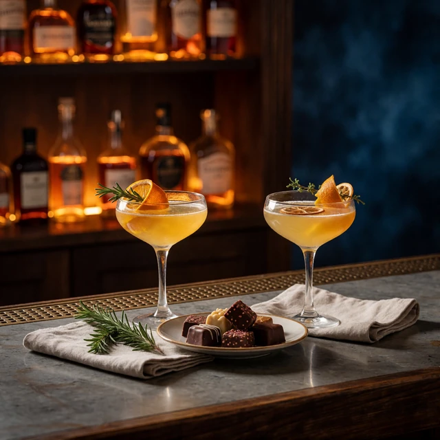 Two garnished craft cocktails and artisanal chocolates set on a Portland speakeasy-style bar counter