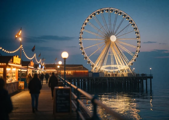 Illuminated waterfront Ferris wheel over dark water in Seattle at blue hour