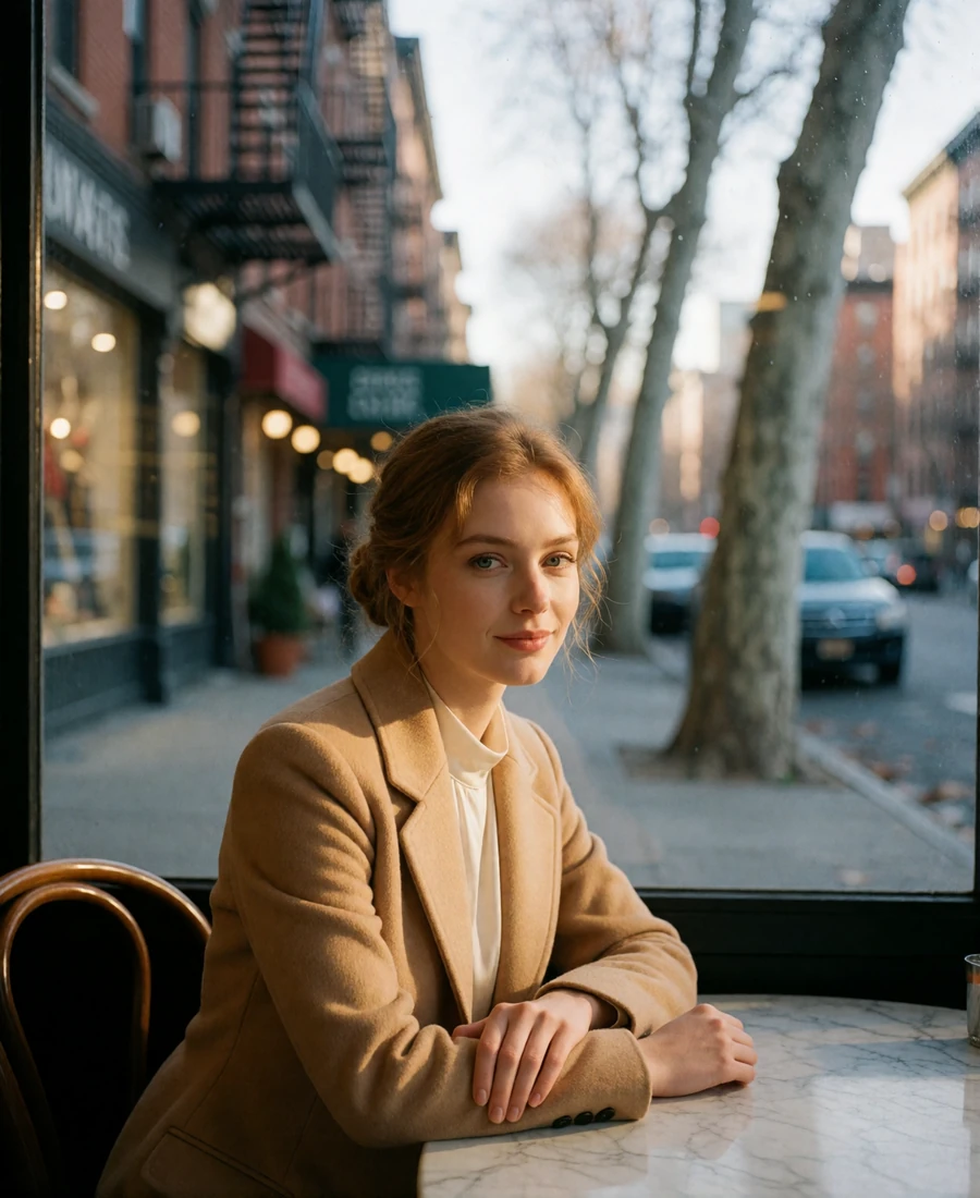 Woman in a camel wool coat seated at a marble café table on a Manhattan side street