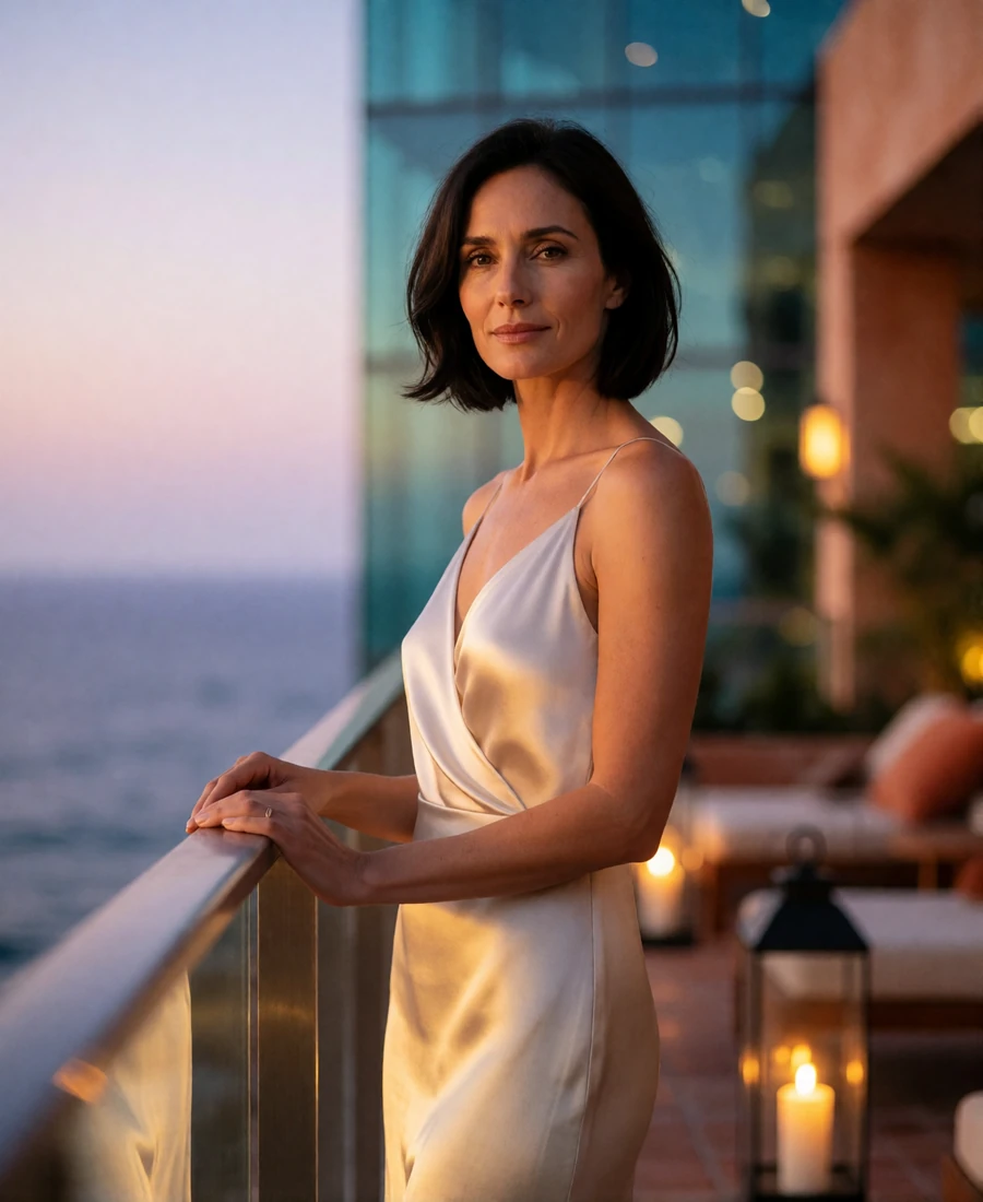 Woman in a deep azure silk dress on a Brickell rooftop lounge at dusk