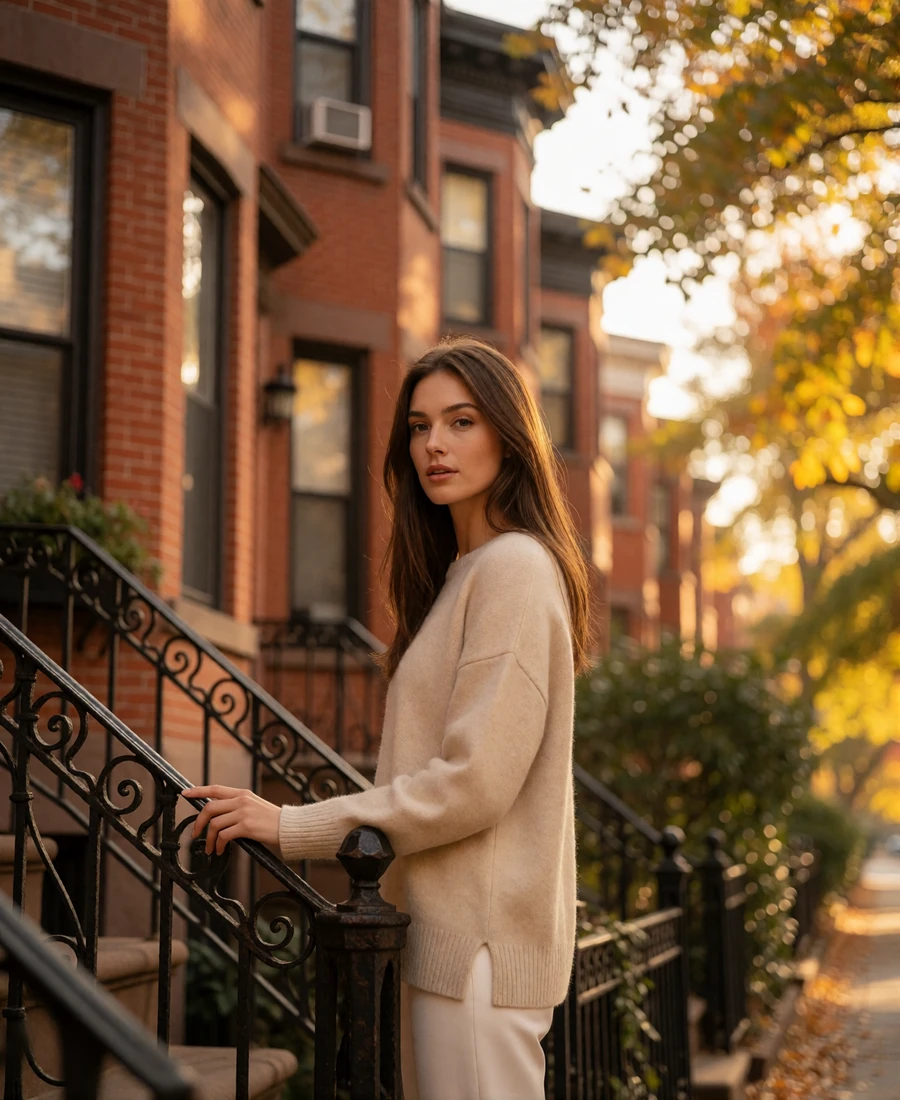 Woman with chestnut hair standing beside a wrought-iron railing on a Boston brownstone street in autumn