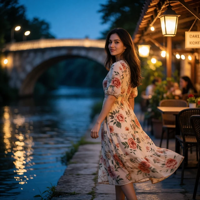 Woman in a floral midi dress strolling along the San Antonio River Walk at dusk beneath string lights