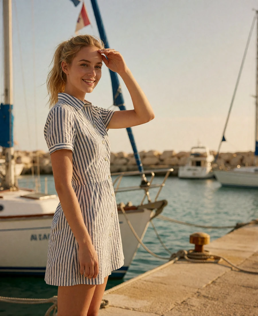 Woman in a striped dress on a sunlit Tampa marina dock beside moored sailboats