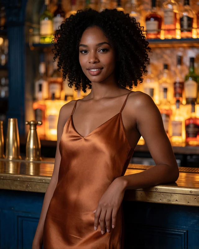 Woman in a copper satin dress at a low-lit Portland cocktail bar with brass fixtures