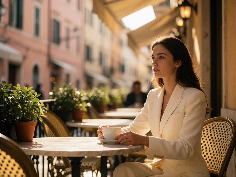 Woman in a cream blazer seated alone at a marble café table on a sunlit European terrace