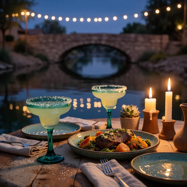 Candlelit riverside dinner table for two with margarita glasses and a shared platter beside the River Walk