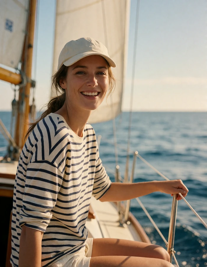 Woman in a navy and cream striped top laughing on the rail of a small sailboat