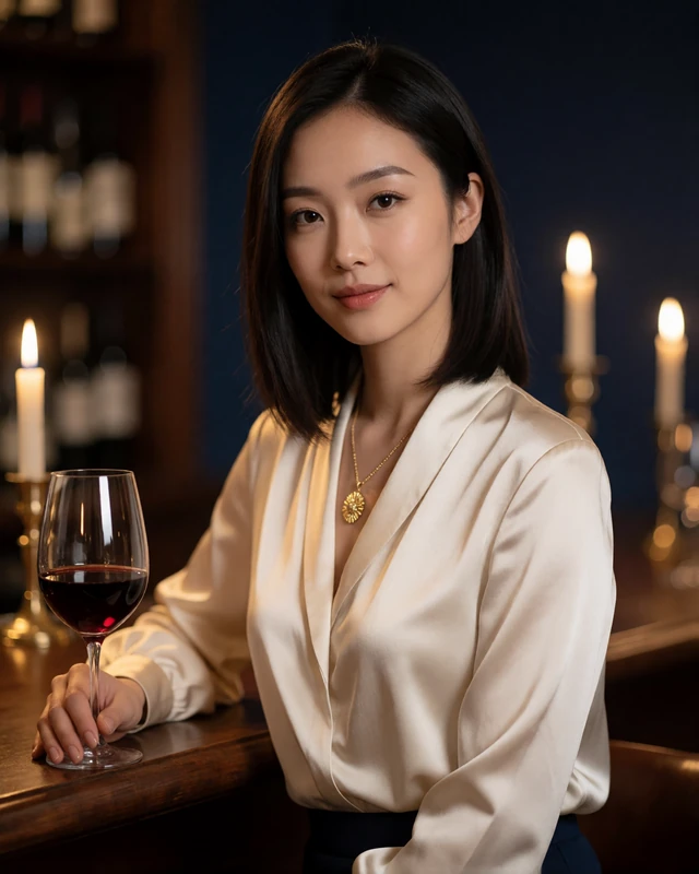 Woman in an ivory satin blouse seated at a Portland wine bar with a stemmed glass