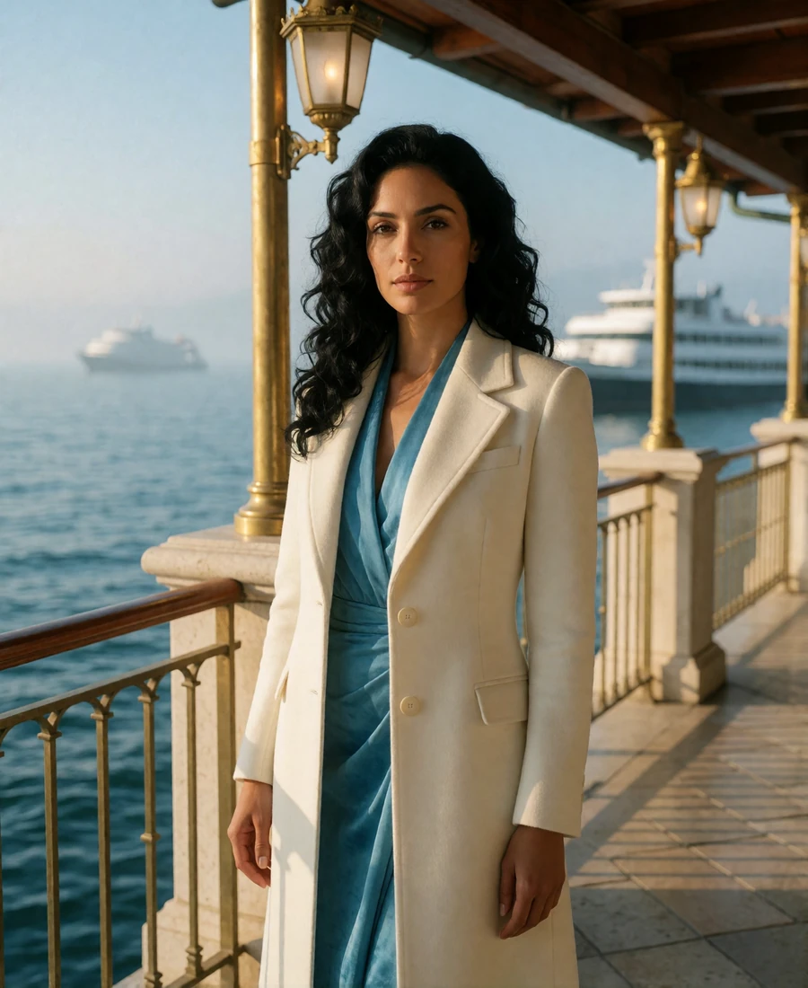 Woman in an ivory coat over an ocean-azure dress on a covered Seattle waterfront terrace