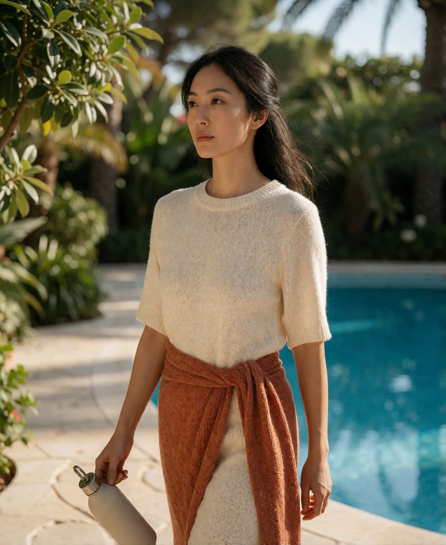 Woman in a cream knit dress walking through a hotel garden after a wellness session