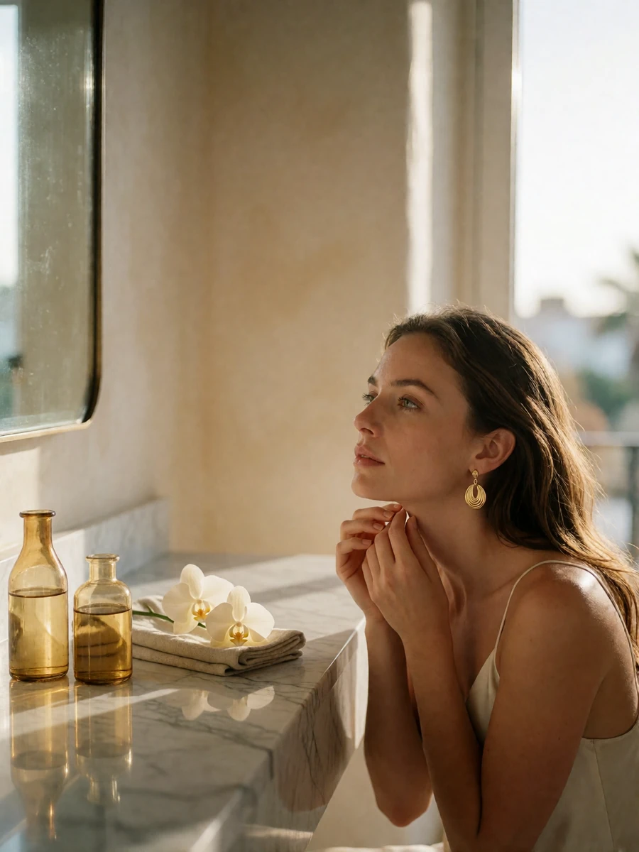 Woman seated at a marble vanity in a sunlit hotel suite fastening a gold earring while preparing for an evening out