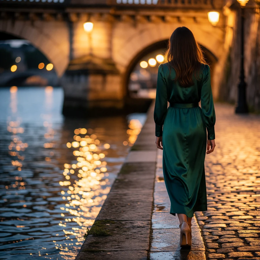 Woman in an emerald dress walking along a lamplit San Antonio River Walk promenade at dusk