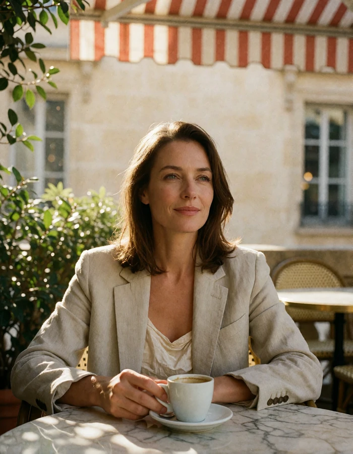 Poised woman in a linen blazer seated with an espresso at a marble table on a sunlit terrace
