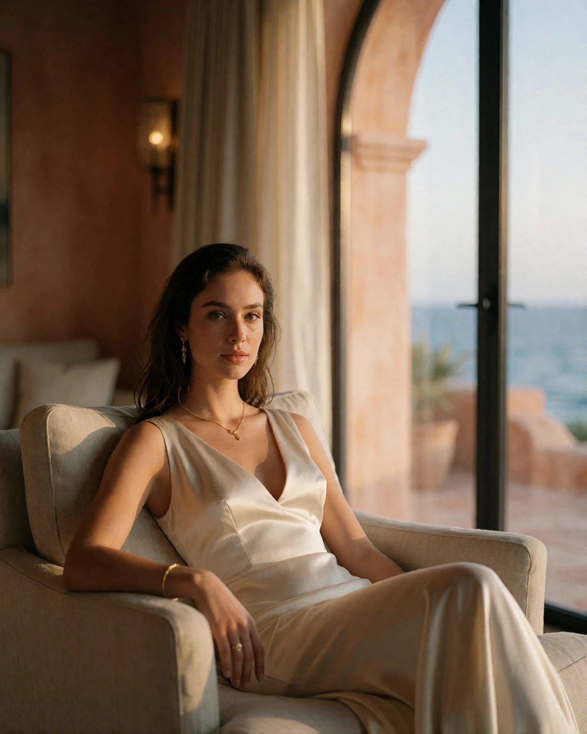 Elegant woman in an ivory silk dress at an arched window in a sunlit coastal hotel lounge