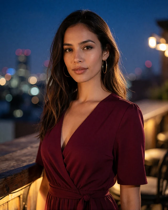 Woman in a burgundy wrap dress at a Las Vegas rooftop bar with blurred city lights behind her