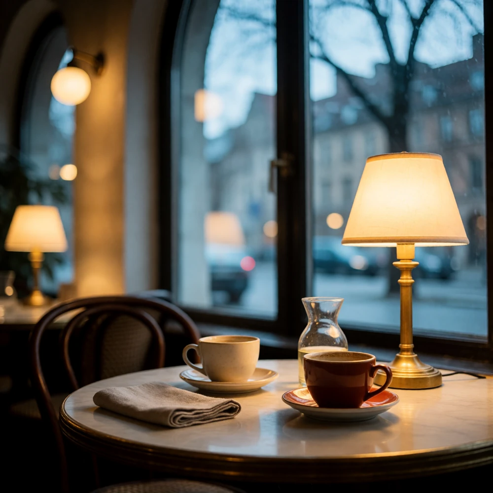 Quiet café table set with two ceramic cups, a small glass carafe and a warm brass lamp near a winter window