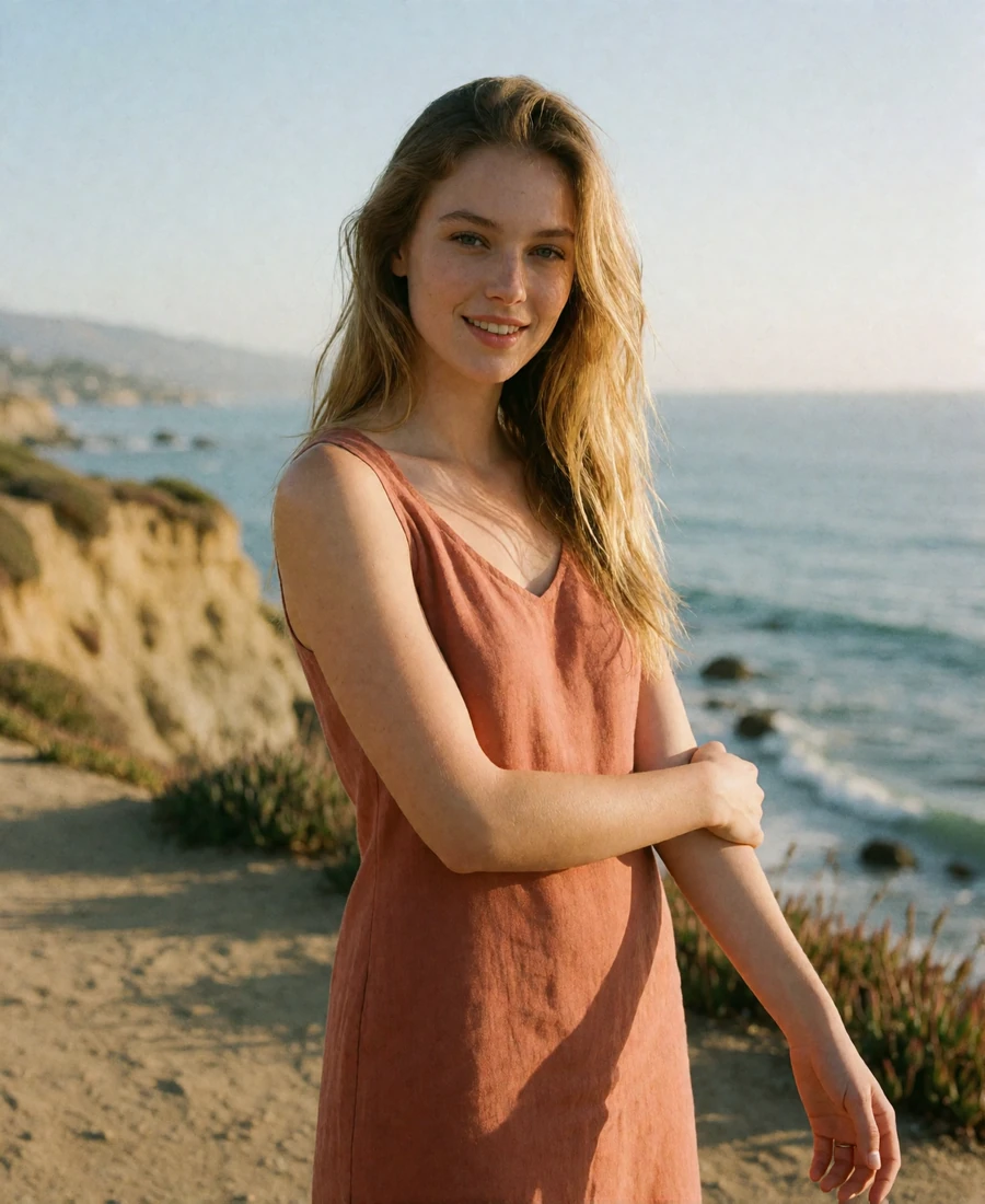 Woman in a terracotta linen dress on a La Jolla cliff walkway at late afternoon