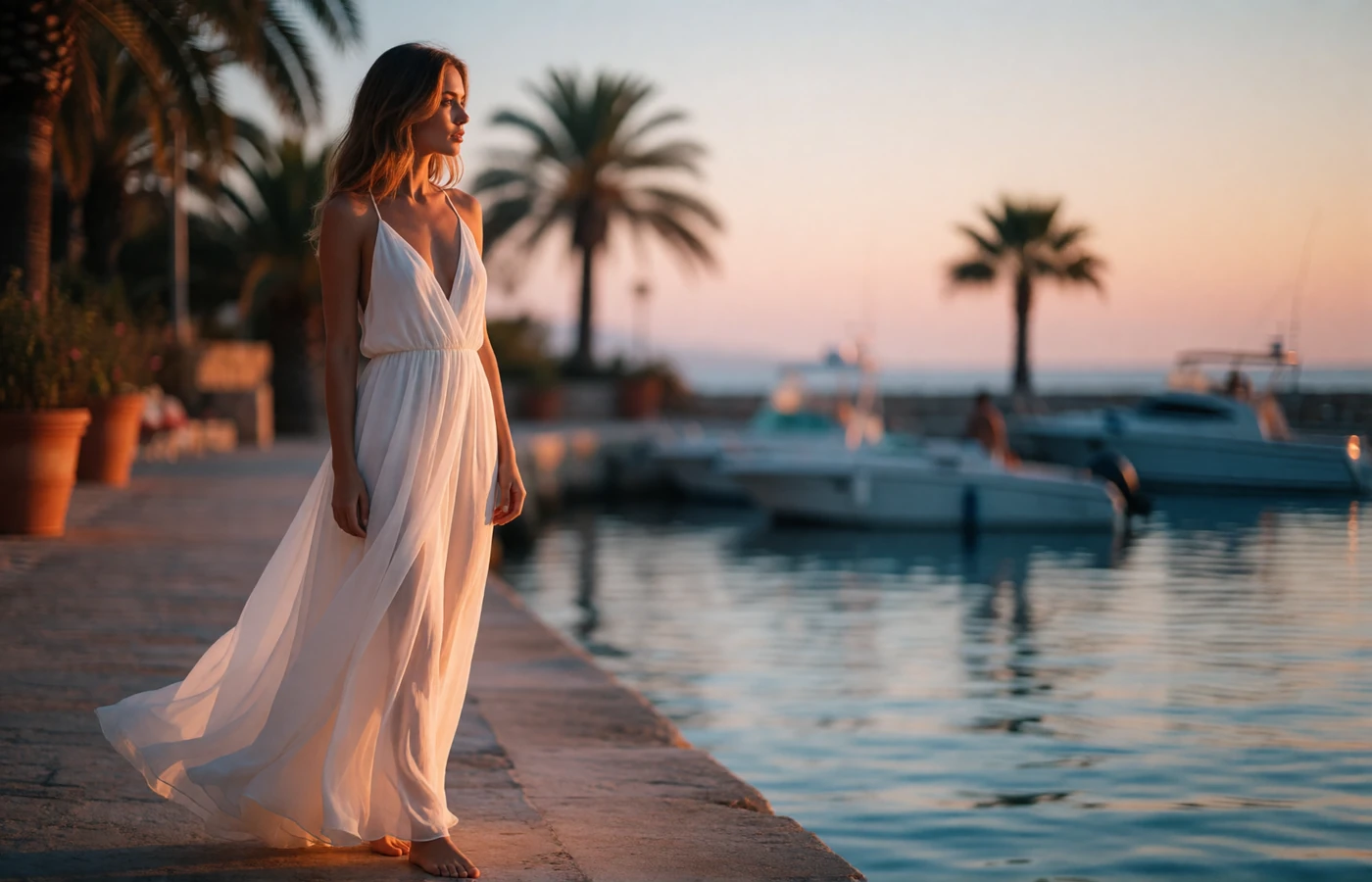 Elegant woman in a white dress on a Miami waterfront promenade at warm evening dusk with palm silhouettes and a pastel skyline