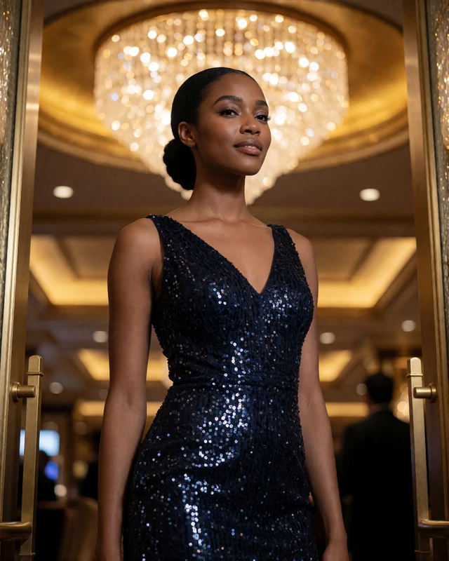 Woman in a midnight-blue sequin cocktail dress in a luxury Las Vegas casino lounge lobby