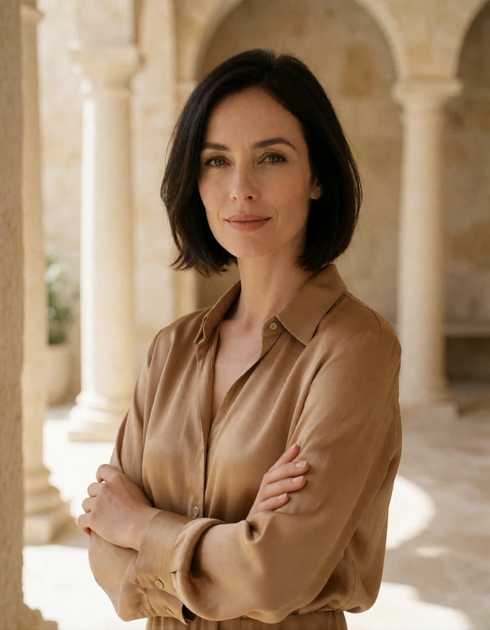 Woman in a camel silk blouse standing in a light-filled stone atrium