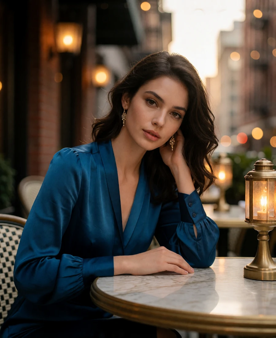 Woman in a deep azure silk blouse at a downtown San Diego terrace table in the evening