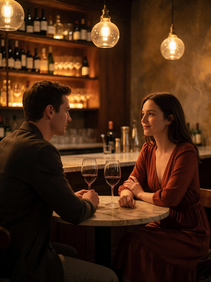 Couple in conversation at a marble-topped table in an intimate wine bar with warm amber lighting