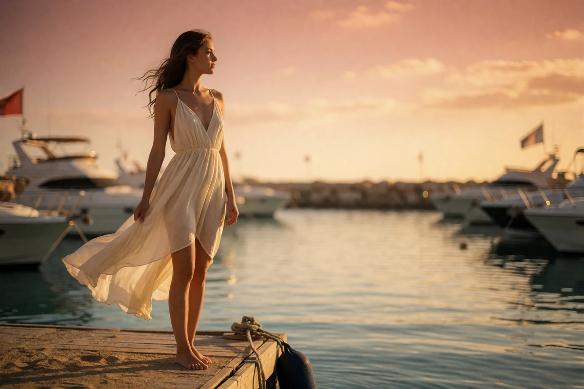 Woman in an ivory dress standing on a marina dock at sunset near Orlando
