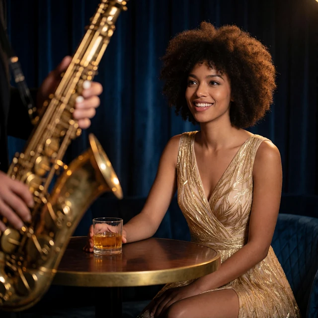 Woman in a gold-thread cocktail dress at a small table in a dim Atlanta jazz lounge