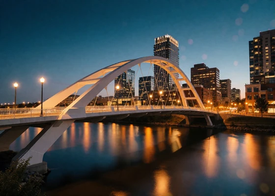 White arch bridge spanning a calm river with the Dallas skyline glowing at dusk