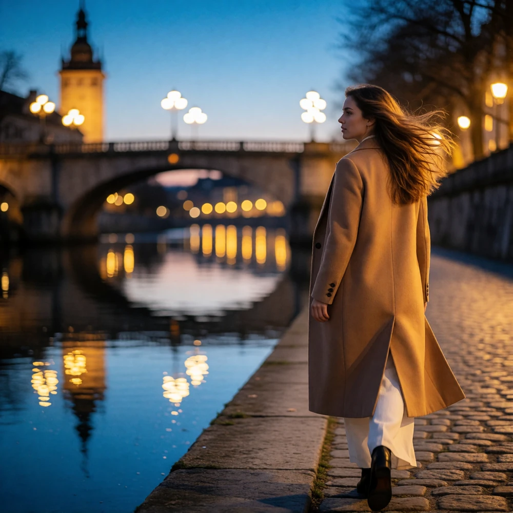 Woman in a camel coat walking along the Chicago riverwalk at blue hour with illuminated bridges behind her