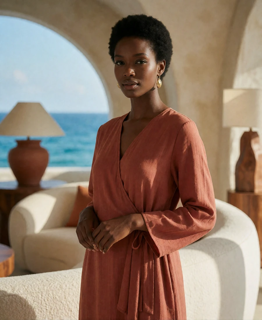 Woman in a terracotta wrap dress standing in a design showroom with curved ivory furniture