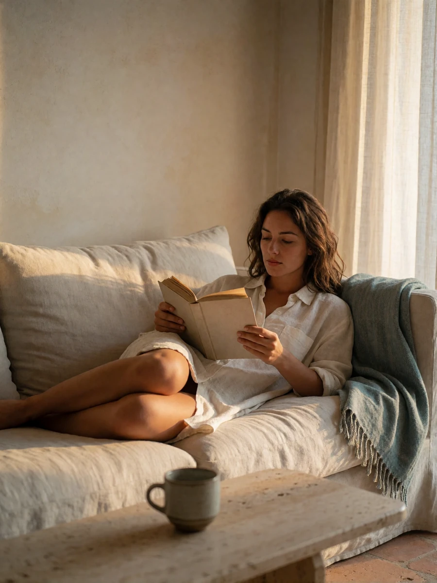 Woman reclining barefoot on a linen sofa reading in a softly lit coastal villa lounge at golden hour