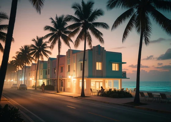 Oceanfront Miami boulevard with pastel art-deco facades and palm silhouettes at dusk